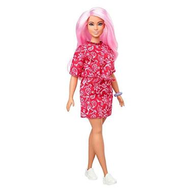 Imagem de Boneca Barbie Fashionistas # 151 Cabelo Rosa, Blusa e Saia Vermelha Estampada - Mattel GHW65