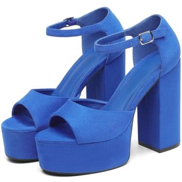Imagem de Sandálias femininas grossas de salto plataforma com tira no tornozelo, bico aberto, sapatos sensuais para festa de casamento, azul royal, Azul royal - 01, 38