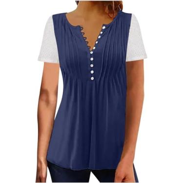 Imagem de Camisetas femininas Henley com cintura império, renda, túnicas plissadas, com botões, blusas esvoaçantes para esconder a barriga, B - azul-marinho, GG