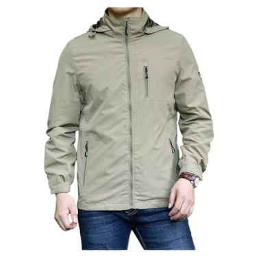 Imagem de Jaqueta masculina leve, corta-vento, bolsos funcionais, capa de chuva, casaco com cintura elástica, Cáqui, GG