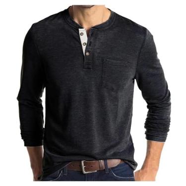 Imagem de Camisetas masculinas casuais com bolso de cor sólida manga comprida com botões atléticos para treino urbano, Cinza escuro, XG