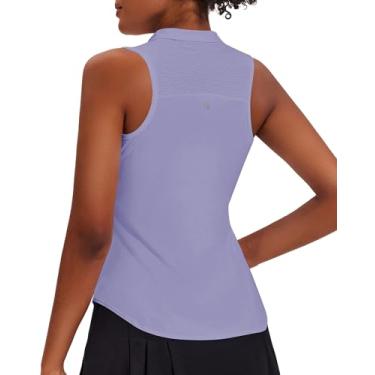 Imagem de PINSPARK Camisas de golfe femininas sem mangas FPS 50+ camisa polo tênis 1/4 zíper costas nadador camisetas de secagem rápida, Roxa, GG