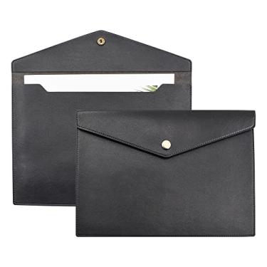 Imagem de VANRA 1 pasta de arquivo de couro PU A4 porta-documentos envelope impermeável portfólio organizador de arquivos para tamanho carta com fecho de botão de pressão, preto