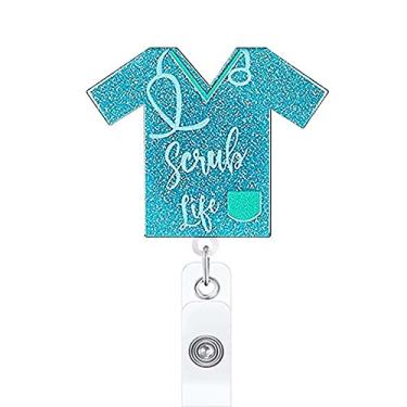 Imagem de ANDGING Carretel de crachá de enfermeira Scrub Life com glitter azul retrátil para enfermeiras, clipe de crachá engraçado CNA LPN RN LVN Porta-crachá com clipe jacaré, presentes essenciais para estudantes de enfermagem médica