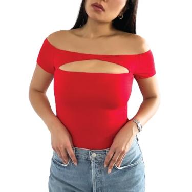 Imagem de Close Friend® Camiseta feminina de verão de manga curta com ombro de fora para sair de casa elegante, Vermelho, PP