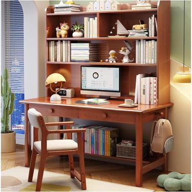 Imagem de Mesa de estudo simples de madeira maciça com estante integrada, ideal para uso em escritório doméstico ou quarto, cor nogueira + cadeira, 100x60x190cm