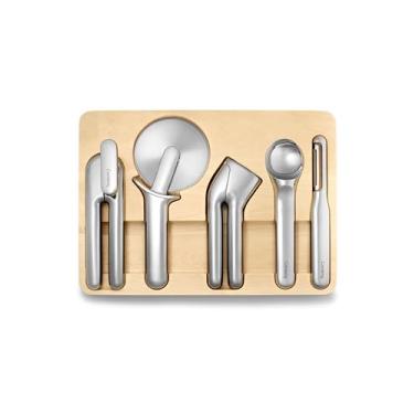 Imagem de Caraway Conjunto de utensílios de cozinha - 5 peças essenciais de cozinha - aço inoxidável - inclui abridor de lata, cortador de pizza, espremedor de alho, colher de sorvete, descascador de legumes e