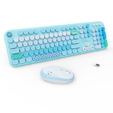 Imagem de Conjunto de teclado e mouse sem fio, 104 teclas redondas de tamanho completo, lindo teclado e mouse colorido com máquina de escrever retrô para PC/Mac/Laptop/Tablet/Computador/Windows Azul