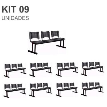 Imagem de Kit 09 Cadeiras Longarinas PLÁSTICAS 03 Lugares  Cor PRETA  23025 - AM