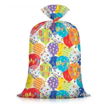 Imagem de Saco de presente de plástico extragrande de aniversário de 177 x 101 cm para crianças, sacos de presente jumbo para bebês, balões grandes e coloridos com design de confetes