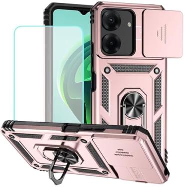 Imagem de Vokuha Capa para Redmi 13C, capa Poco C65 com protetor de tela de vidro temperado e capa de câmera deslizante, capa magnética com suporte de anel giratório de 360° para Xiaomi Redmi 13C ouro rosa