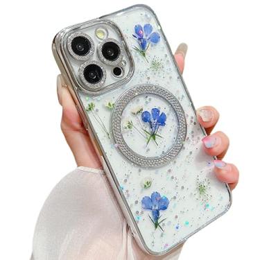 Imagem de YTanazing Capa floral para iPhone 16 Pro Max, linda flor verdadeira, purpurina, prensada, floral, diamante, brilhante, strass, câmera, protetora, feminina, meninas, para iPhone 16 Pro Max, azul