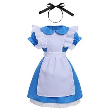 Imagem de Fantasia de Rainha de Copas para Crianças Meninas, Vestido de Tutu Azul Branco com Laço Avental de Cabeça de Halloween Vestido Fantasia Carnaval Festa de Aniversário Cosplay Roupa Branca Azul 10-12 Anos