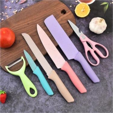 Imagem de Jogo De Facas Coloridas Tesoura 6 Peças Kit Cozinha Chef Aço Inox - DO