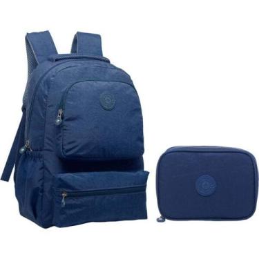 Imagem de Kit Mochila Casual e Estojo Crinkle 17,5" Yins YS41053, Azul Marinho