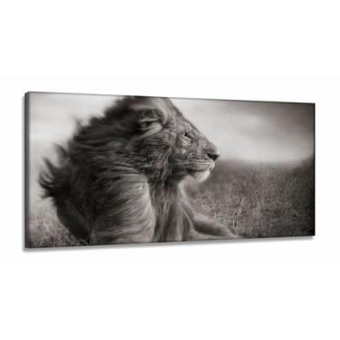 Imagem de Quadro decorativo Leão Juba Mosaico em tecido canvas 130x60 Preto e Br