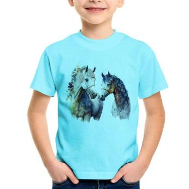 Imagem de Camiseta Infantil Casal de Cavalos Watercolor - Foca na Moda, Azul cla