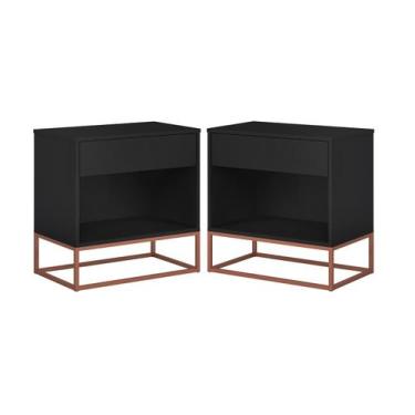 Imagem de Kit 2 Mesas de Cabeceira C/ Gaveta e Nicho Preto Pés de Ferro Cobre - 