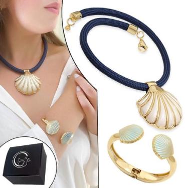 Imagem de Kit Colar Cordão Azul Concha Praia Mar + Bracelete Banhado a Ouro - GR