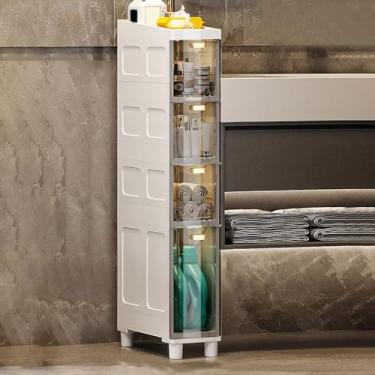 Imagem de Armário estreito de piso alto, armário de banheiro de 3/4/5 camadas, organizador lateral com gavetas e rodízios de plástico, torre de cômoda estreita, armário de armazenamento de papel higiênico