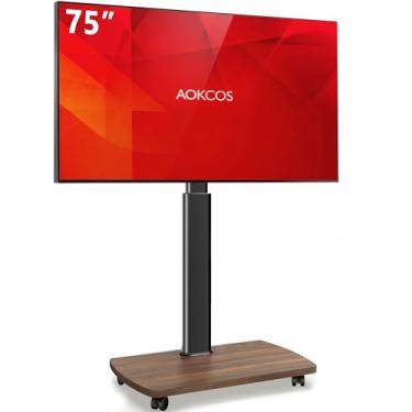 Imagem de AOKCOS Suporte de TV com rodinhas para TVs 43 50 55 60 65 70 75 polegadas, suporte de TV móvel portátil sobre rodas, carrinho de TV ajustável de 10 níveis com suporte giratório e inclinado para quarto