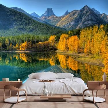 Imagem de Lcythiazole Mural de papel de parede 3D personalizável para tirar e colar, paisagem de outono, montanha lago bordo pinho floresta fotografia HD foto para sala de estar quarto