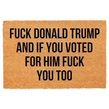 Imagem de Capacho engraçado de coco anti Trump Unwelcome Tapete de porta da frente Tapete de entrada ao ar livre com entrada resistente tapetes de boas-vindas tapete de entrada natural marrom coco tapete