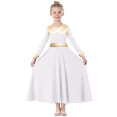 Imagem de TLMNU Vestido feminino de louvor de louvor metálico dourado litúrgico adoração igreja robe comprimento total swing fantasia lírica, Branco, 5-6 Anos