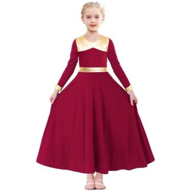 Imagem de ELLYDOOR Vestido de dança Parise dourado metálico para meninas, manga comprida, saia rodada, adoração, fantasia litúrgica, roupão de igreja, Vinho tinto, 13-14 Anos