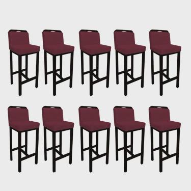 Imagem de Kit 10 Banqueta Alta Com Encosto Agnes Cozinha Balcão Bistrô Base Madeira Preto Suede Bordô - Ahz Móveis