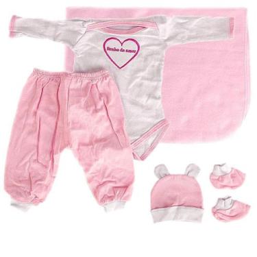 Imagem de Saída De Maternidade Feminina 5 Peças Branco e Rosa - Cegonha Reborn D