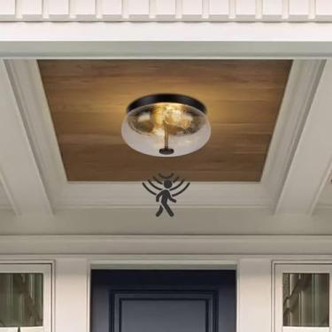 Imagem de Rosient Luminária De Teto Externa Com Sensor De Movimento, Design Moderno Preto, Com Vidro Ondulado Para Varanda, Garagem, Pátio, Corredor, Entrada, Com Eficiência Energética (2 Lâmpadas Necessária