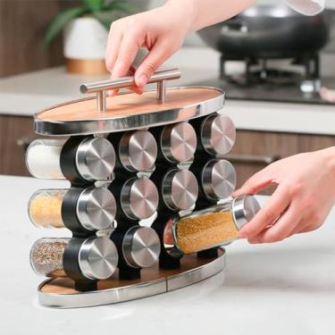 Imagem de Porta-Temperos Giratório de Aço Inoxidável com 12 Potes de Vidro, Base em Madeira, Organizador para Cozinha