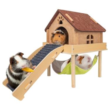 Imagem de BESNEW Rede 3 em 1 para porquinhos-da-índia ampliada, esconderijo de madeira para porquinhos-da-índia com casa, plataforma e escadas, brinquedos de animais pequenos para esconder atividades de sono