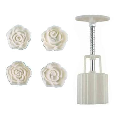 Imagem de Mantouxixi Vctitil 4 peças de carimbos de biscoito de bolo de lua, 3D DIY prensa manual de meados do outono padrões de bolo da lua, padrões de molde de flor de rosa, máquina de bolo de lua, cortador