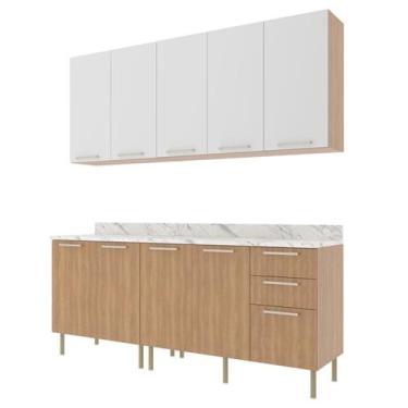 Imagem de Cozinha Modulada 6 Pecas 200 cm MDP Freijo Branco Marmore Branco Tecno