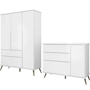 Imagem de Jogo De Quarto Infantil Guarda Roupa E Cômoda 100% Mdf Melinda Branco - Phoenix