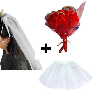 Imagem de Fantasia Noivinha Caipira Completa Festa Junina Kit Véu Buquê e Saia De Tule Quadrilha São João Arraia Quermesse