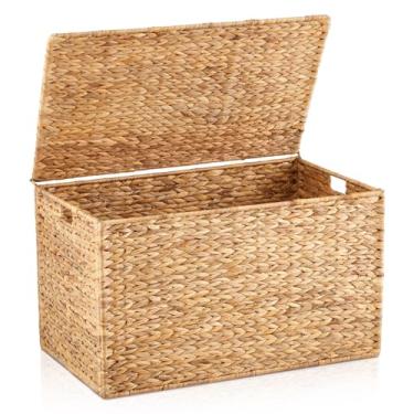Imagem de Wonderjune Baú de armazenamento de vime de jacinto de água 76 x 43 cm com moldura de metal, baú de armazenamento resistente com tampa, cesta grande de vime para cobertores, roupas sazonais, roupa de