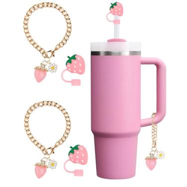 Imagem de Capa de canudo para acessórios Stanley Cup, pingentes de morango para copos Stanley, capas de topo de canudos de silicone fofas para copo de 30 1,134 g com alça, tampa de palha de 10 mm 1 cm (rosa)
