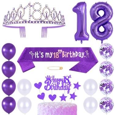 Imagem de Huture Faixa De Aniversário 18 Anos, Coroa Princesa, Tiara Rainha, Tiaras Strass, Toppers Bolo, Balões Hélio, Decoração Látex Roxos Para Meninas, Suprimentos Festa Anos