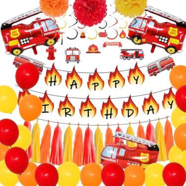 Imagem de ipalmay Decoração Para Festa De Caminhão Bombeiro - Faixa Feliz Aniversário Bombeiro, Balões Metalizados, Redemoinhos Pendurados Pompons Papel Laranja, Amarelo E Vermelho, Artigos Meninos