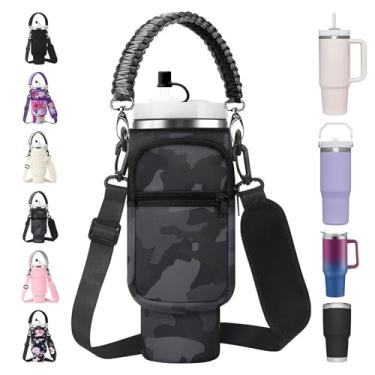 Imagem de AceTreker Bolsa Para Garrafa De Água Com Alça Copo Térmico Stanley 40/30 Oz, Transporte Copos, Paracord E Bolso Celular, Capa Canudo Carro, Academia Casa - Preto Camuflado