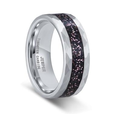 Imagem de JEWPER Anéis de tungstênio para homens 8 mm preto/prata/ouro moda promessa aliança de casamento martelada sulco meteorito orbo carboneto chanfrado borda polida ajuste confortável, 10, Metal, Sem pedra