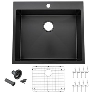 Imagem de VESLA HOME Pia de cozinha preta de 63 cm, 63 x 55 cm, tigela única de calibre 40,6 cm, pia de cozinha pequena, de aço inoxidável, feita à mão, pia preta para trailer, bar, pia com acessórios