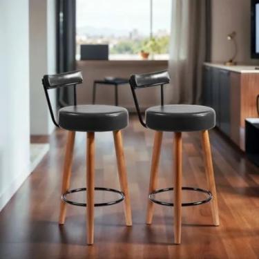 Imagem de Conjunto de 2 Banquetas Altas Nápoles, 89cm, Assento Preto com Base em Madeira, para Balcão, Bar e Cozinha (PRETO)