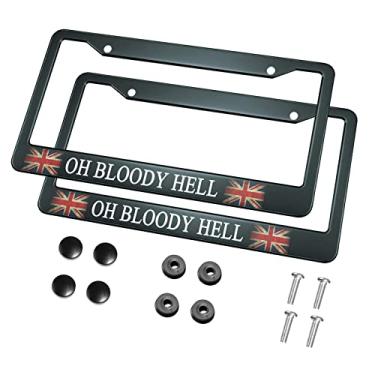 Imagem de HOSNYE Moldura de placa de licença Oh Bloody Hell preta 2 peças antiga bandeira da Inglaterra britânica de metal lindas placas de licença molduras de placa de licença capa de carro para mulheres homens veículos dos EUA