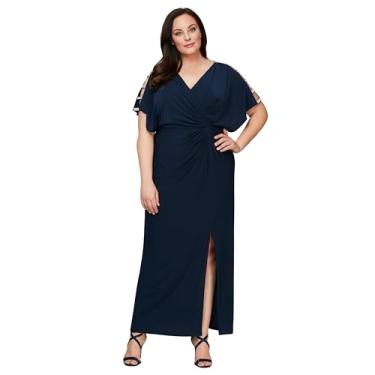 Imagem de Vestido frontal com nó plus com fenda frontal e enfeite no ombro, Enfeite azul-marinho, 48