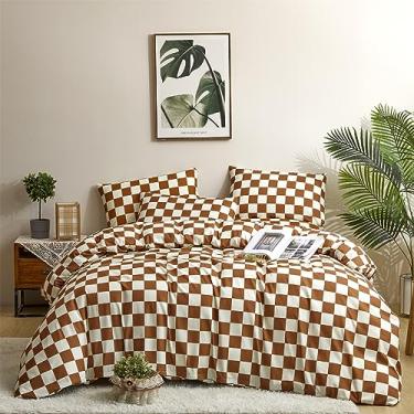 Imagem de honey qiao Conjunto completo de edredom xadrez branco de abóbora, marrom, macio, aconchegante, xadrez, tamanho casal, 3 peças, edredom feminino e masculino