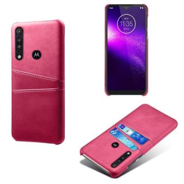 Imagem de Capas Compatível com MOTO One macro,tampa protetora de couro falso,design de saco de cartão com 2 fendas de cartão atrás,proteção anti-impressão digital e anti-gota-Rose Red